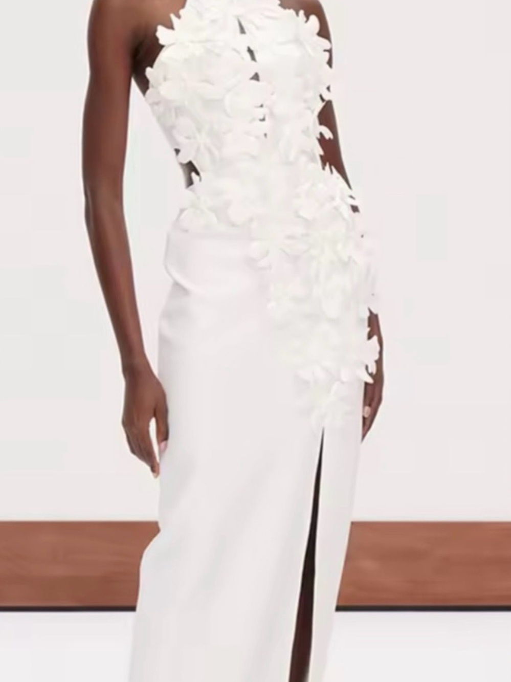 NEW $425 Milla White Halter
Gown with 3D Floral Appliqué